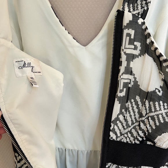 Milly Of New York Dress Black & White Cotton Silk V Neck Exposed Zip Sz10 - Picture 5 of 9
